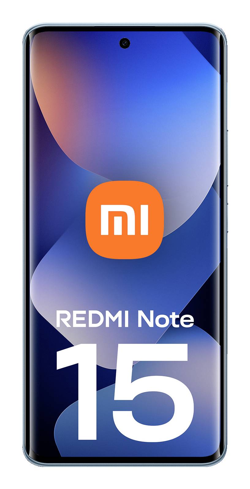 Smartphone che visualizza "REDMI Note 15" sullo schermo con uno sfondo sfumato colorato e il logo "mi" sopra il testo.