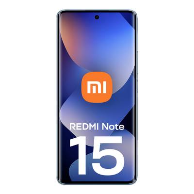 Smartphone che visualizza "REDMI Note 15" sullo schermo con uno sfondo sfumato colorato e il logo "mi" sopra il testo.