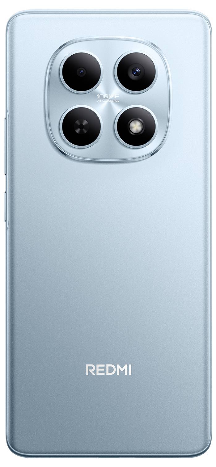 Uno smartphone con il retro azzurro chiaro presenta quattro obiettivi fotocamera disposti in uno schema quadrato sopra il nome del marchio 'REDMI' nella parte inferiore.