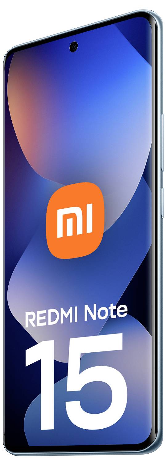 Uno smartphone con display curvo; presenta il modello 'REDMI Note 15' con uno sfondo minimalista blu e rosso.