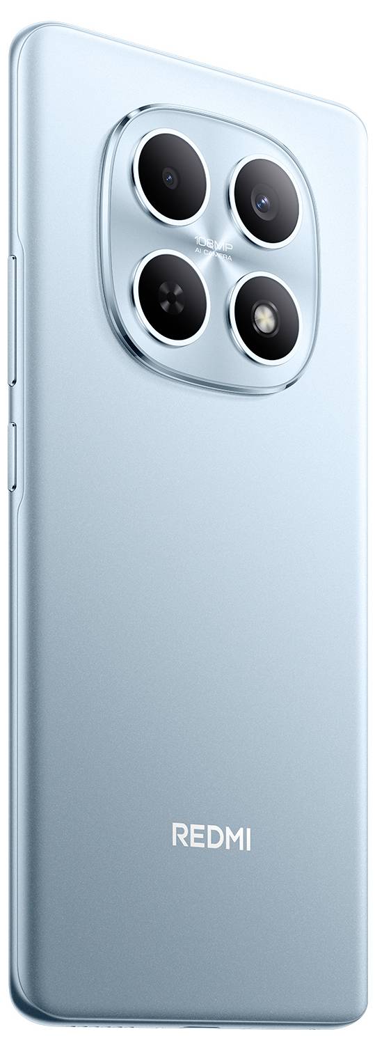 Uno smartphone elegante di colore blu con una configurazione quad-camera sul retro, posizionata verticalmente con un design minimalista e il marchio 'Redmi'.