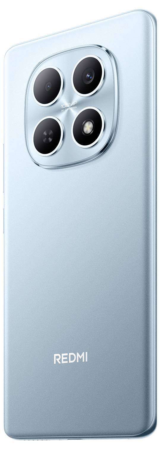 Uno smartphone elegante di colore azzurro chiaro con il marchio "Redmi" presenta un sistema di quattro fotocamere nella parte superiore del retro.
