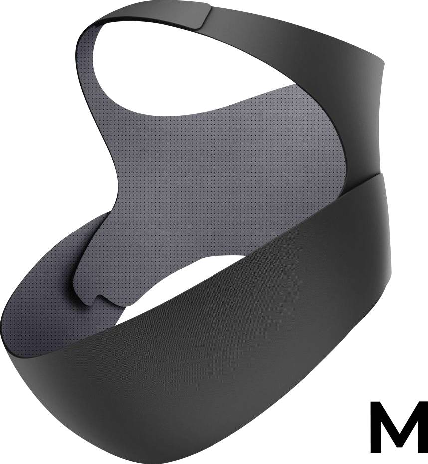 Un moderno sistema di cinghie per visore VR nero con design elegante, caratterizzato da una fascia regolabile e un rivestimento interno forato.