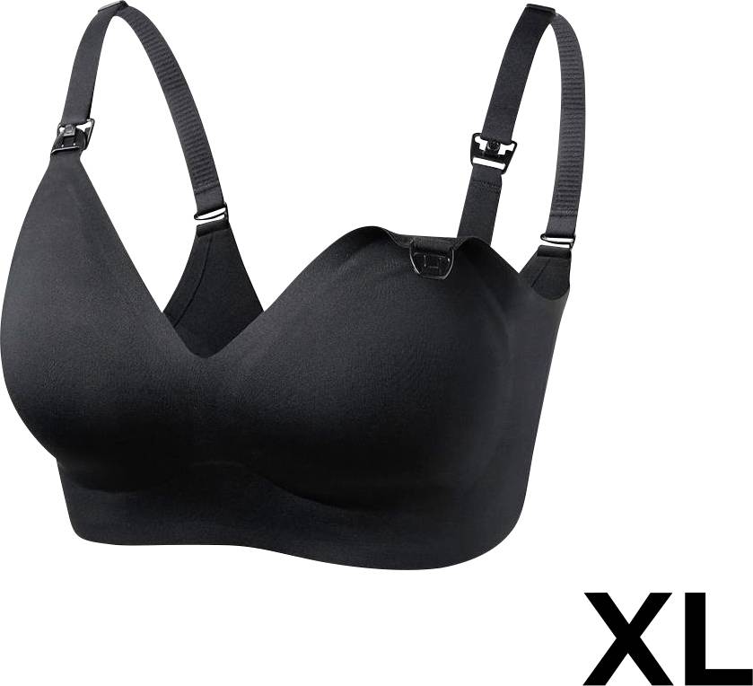 Reggiseno nero con spalline regolabili e design senza cuciture, esposto su uno sfondo bianco. La taglia "XL" è indicata nell'angolo in basso a destra.