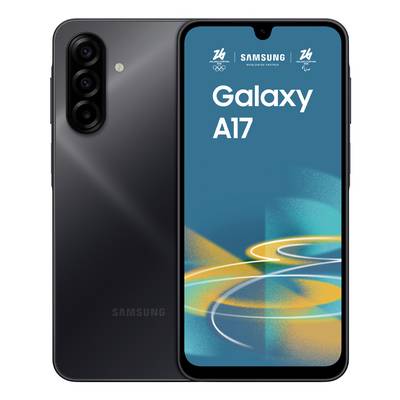Uno smartphone Samsung Galaxy A17 con tripla fotocamera posteriore è mostrato. Lo schermo visualizza pattern astratti e il testo 'Galaxy A17'.