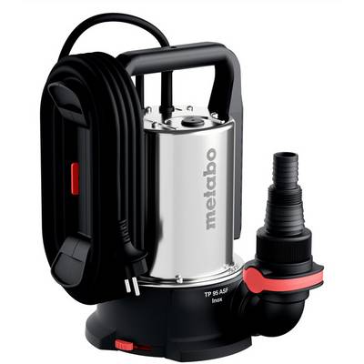Pompa sommersa Metabo portatile con cavo di alimentazione collegato e adattatore per tubo, mostrata su sfondo bianco.