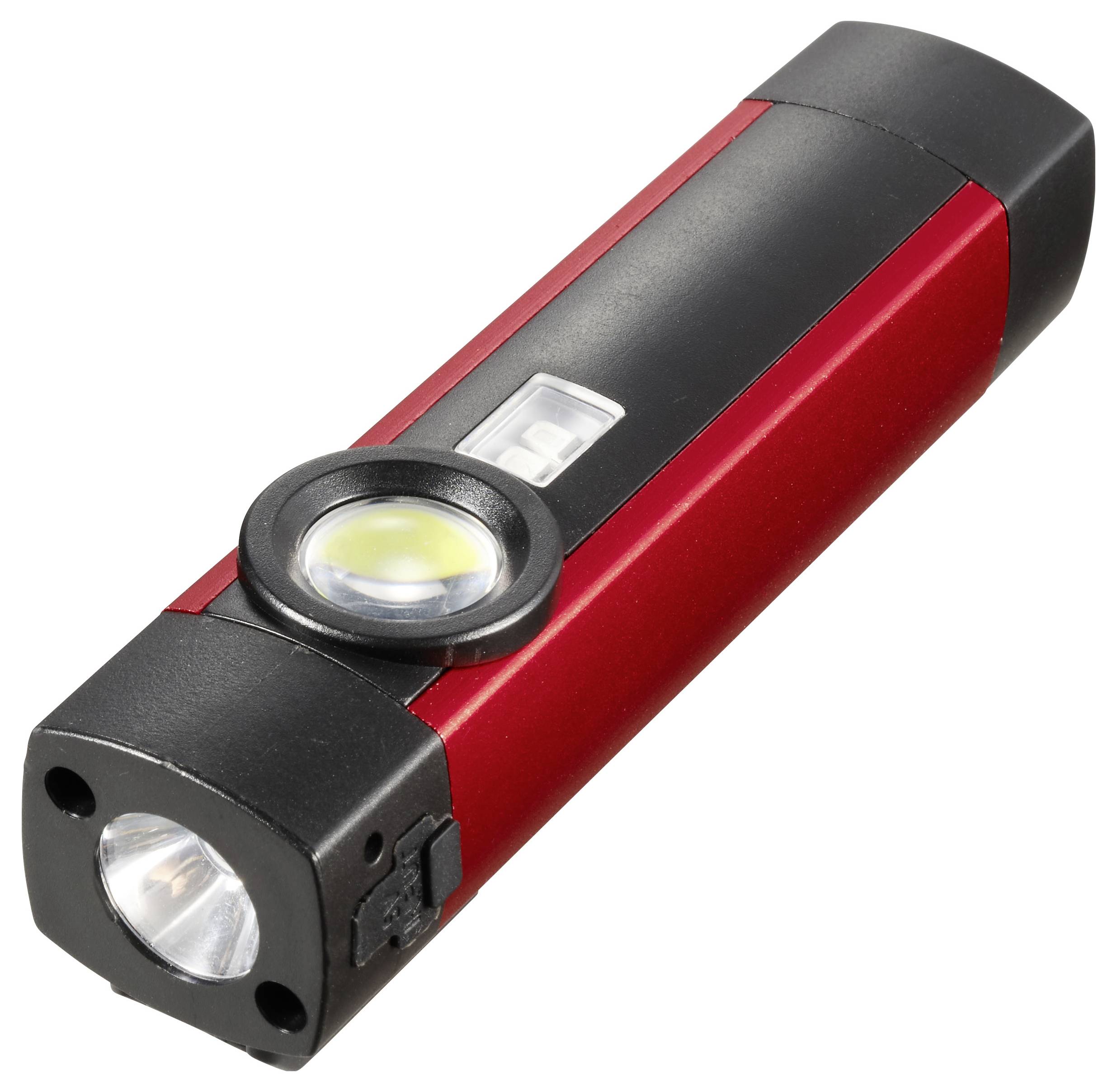 Torcia manuale rossa e nera con luce frontale e LED laterale, mostrata su sfondo bianco.