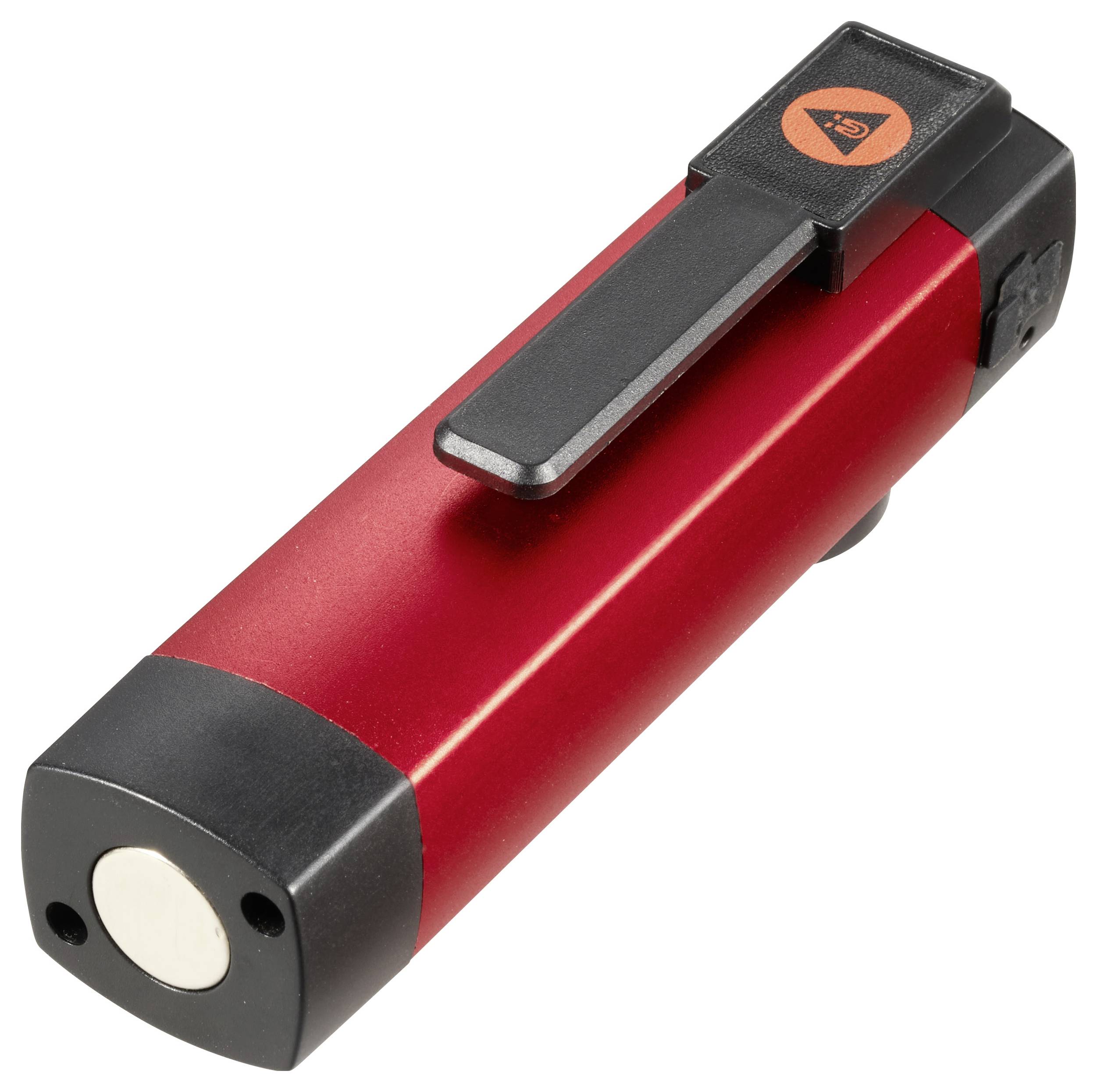 Torcia manuale rossa con cappuccio nero e interruttore superiore, mostrata su uno sfondo bianco.