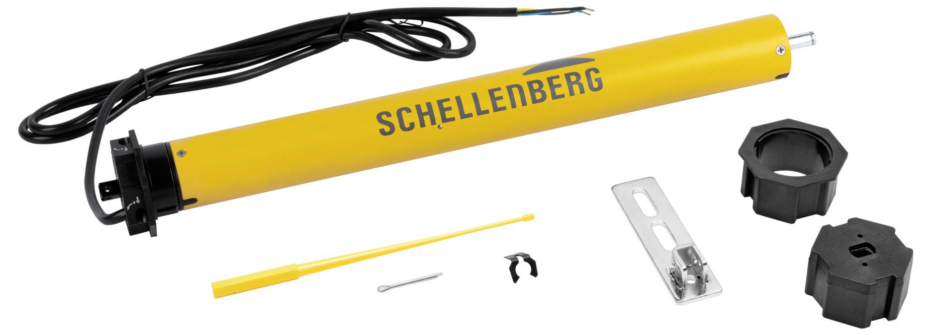 Motore tubolare giallo 'Schellenberg' con cablaggio, accompagnato da accessori di installazione tra cui staffe di montaggio e viti.