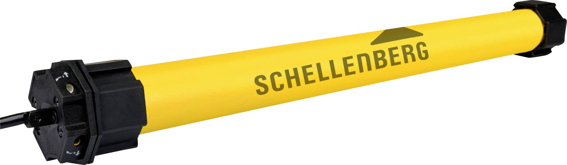 Un motore tubolare giallo etichettato "Schellenberg" con supporti finali neri, utilizzato per automatizzare persiane, tende o tende da sole.