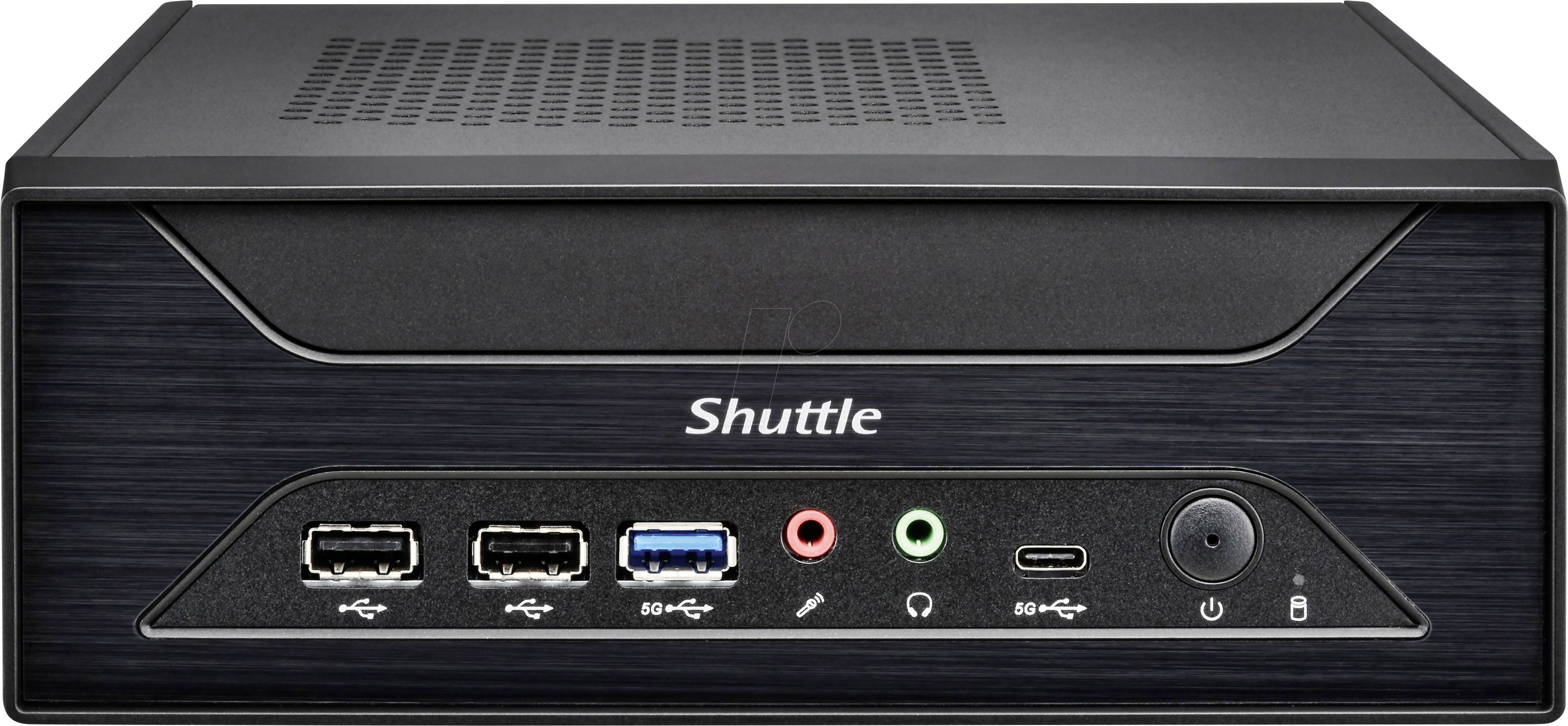 Vista frontale di un mini PC Shuttle che mostra il pannello anteriore con due porte USB, una porta USB 3.0 blu, jack audio, USB-C, pulsante di accensione e indicatore di blocco.