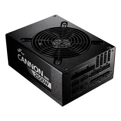 Unità di alimentazione 'FSP Cannon Pro 2500W' in nero, che mostra la ventola sulla parte superiore e molteplici connettori sul lato per vari componenti del computer.