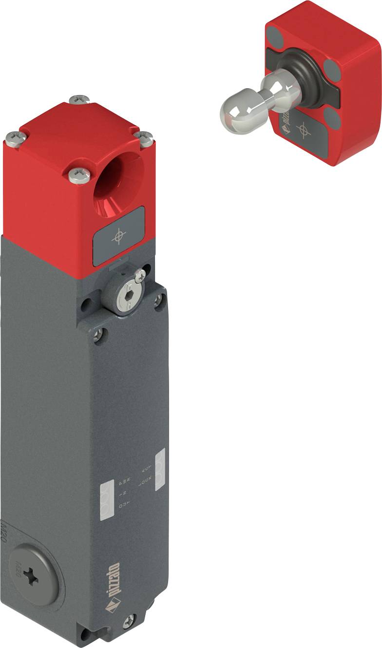 Interruttore industriale rosso e grigio con base rettangolare e attuatore cilindrico, che mostra viste separate del dispositivo e dei suoi componenti.