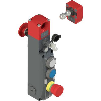 Interruttore di sicurezza industriale con più pulsanti e accesso tramite chiave, progettato per il funzionamento sicuro dei macchinari. Colori rosso e grigio per una maggiore visibilità.