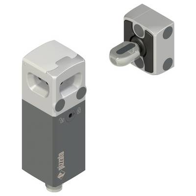Interruttore industriale rettangolare con chiave rimovibile. La chiave è mostrata separatamente, caratterizzata da un'estremità rotonda per l'inserimento nell'interruttore.