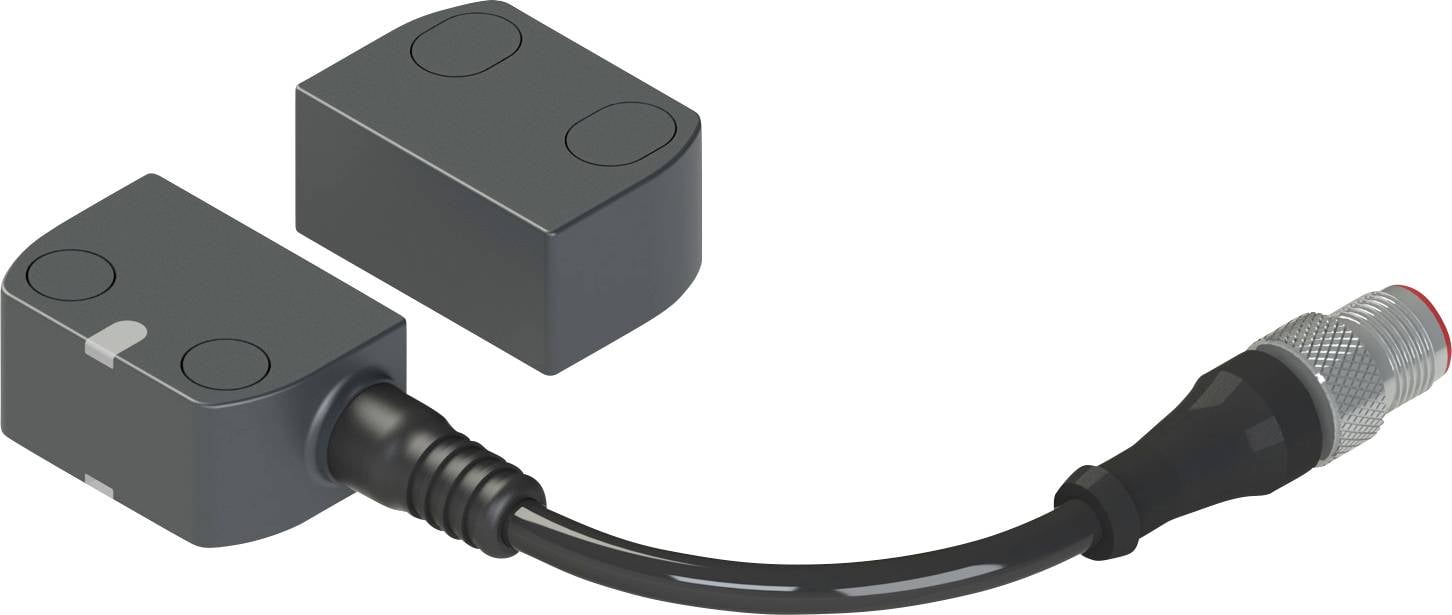 Sensore rettangolare e cavo con connettore, utilizzati in ambienti industriali per compiti di monitoraggio o automazione.