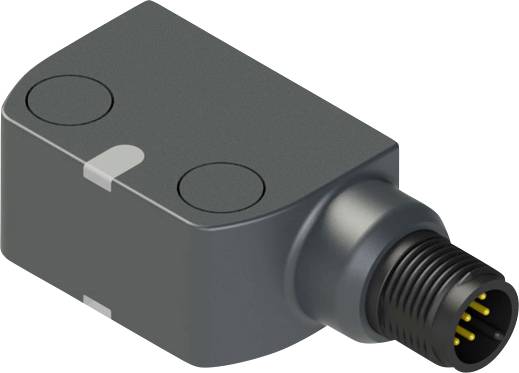 Un sensore rettangolare nero con un connettore circolare collegato, dotato di una presa scanalata e di piedini metallici per le connessioni elettroniche.