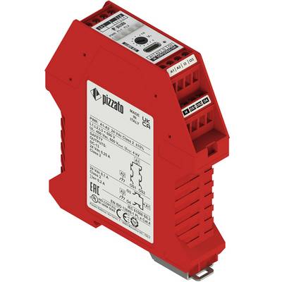 Relè Pizzato con molteplici terminali ed etichette, involucro in plastica rossa, utilizzato per applicazioni di controllo elettrico e sicurezza.