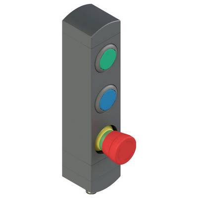 Un pannello verticale con tre pulsanti: un pulsante verde, un pulsante blu e un grande pulsante di arresto di emergenza rosso nella parte inferiore.