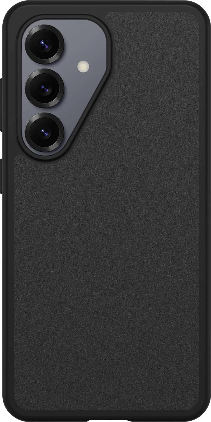 Retro di una custodia nera per smartphone con ritaglio rialzato per tripla fotocamera e apertura del flash in alto a sinistra.