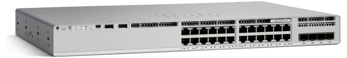 Un commutatore di rete argentato con 28 porte Ethernet e quattro porte più piccole sulla destra. Il nome del marchio è inciso sulla parte superiore.