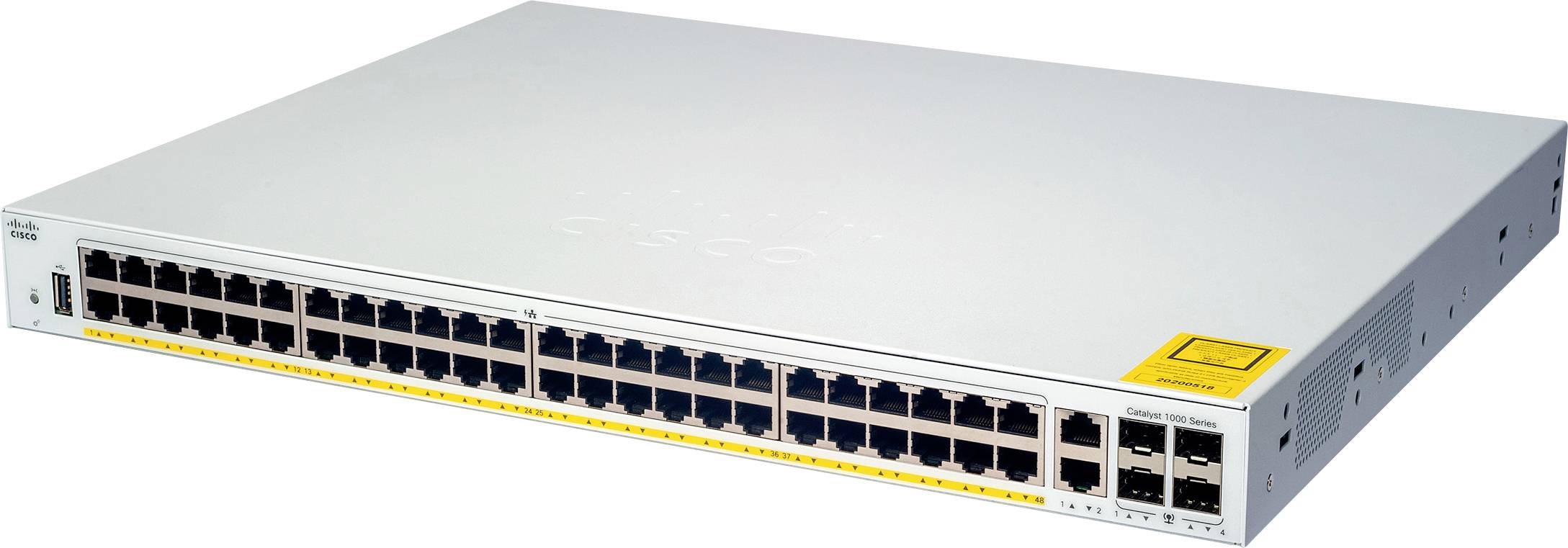 Uno switch di rete con 48 porte Ethernet e 4 porte uplink, tipicamente utilizzato per le connessioni dati negli ambienti aziendali.