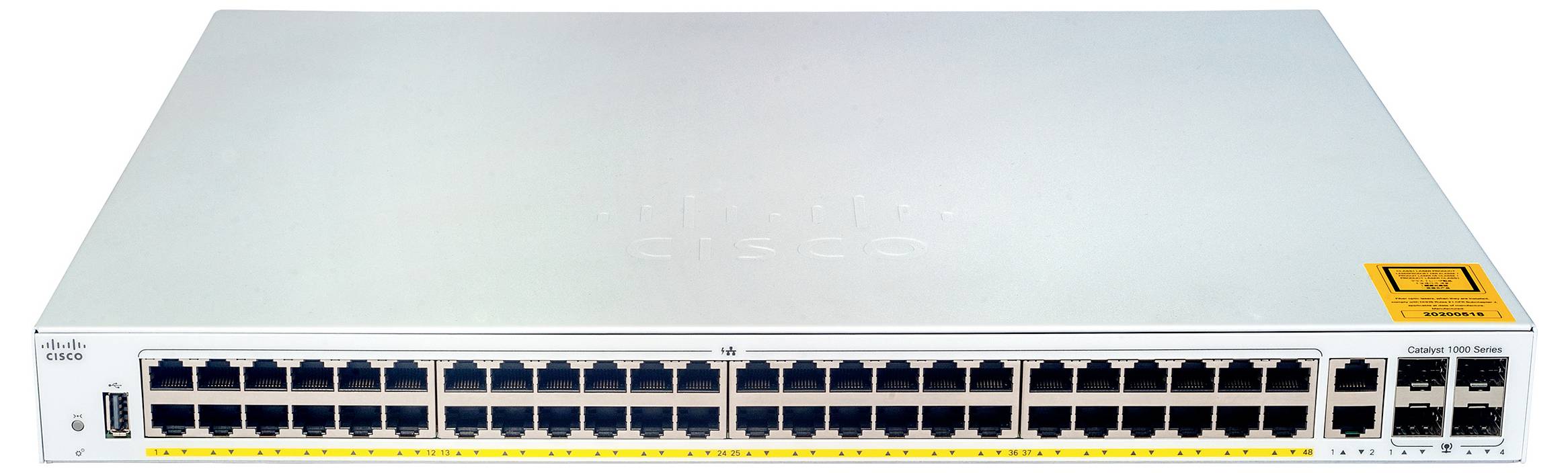 Un commutatore di rete con 48 porte Ethernet, comunemente utilizzato per connettere dispositivi in una rete locale (LAN), marchio Cisco.
