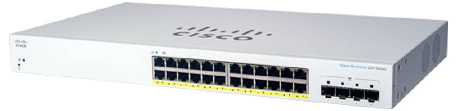 Cisco Switch Ethernet con 16 porte anteriori e spie di stato, mostrato in un case rack-mountable di colore argento.