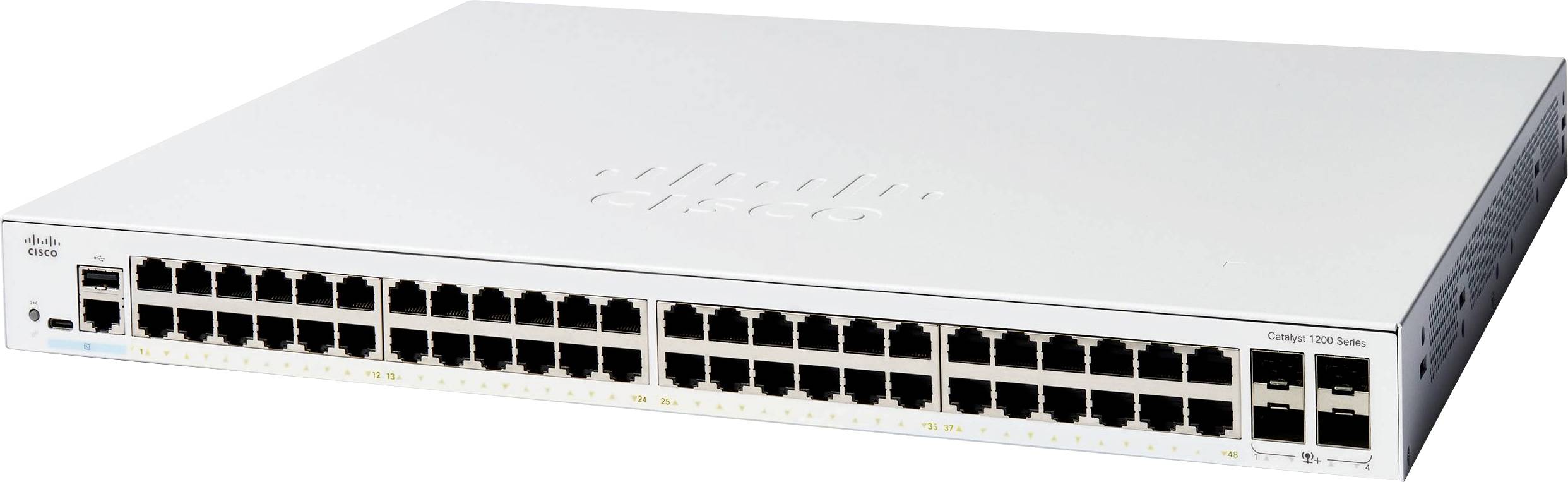 Un switch di rete a 48 porte, dotato di connettività gigabit, progettato per gestire grandi volumi di traffico dati in ambienti aziendali o data center.