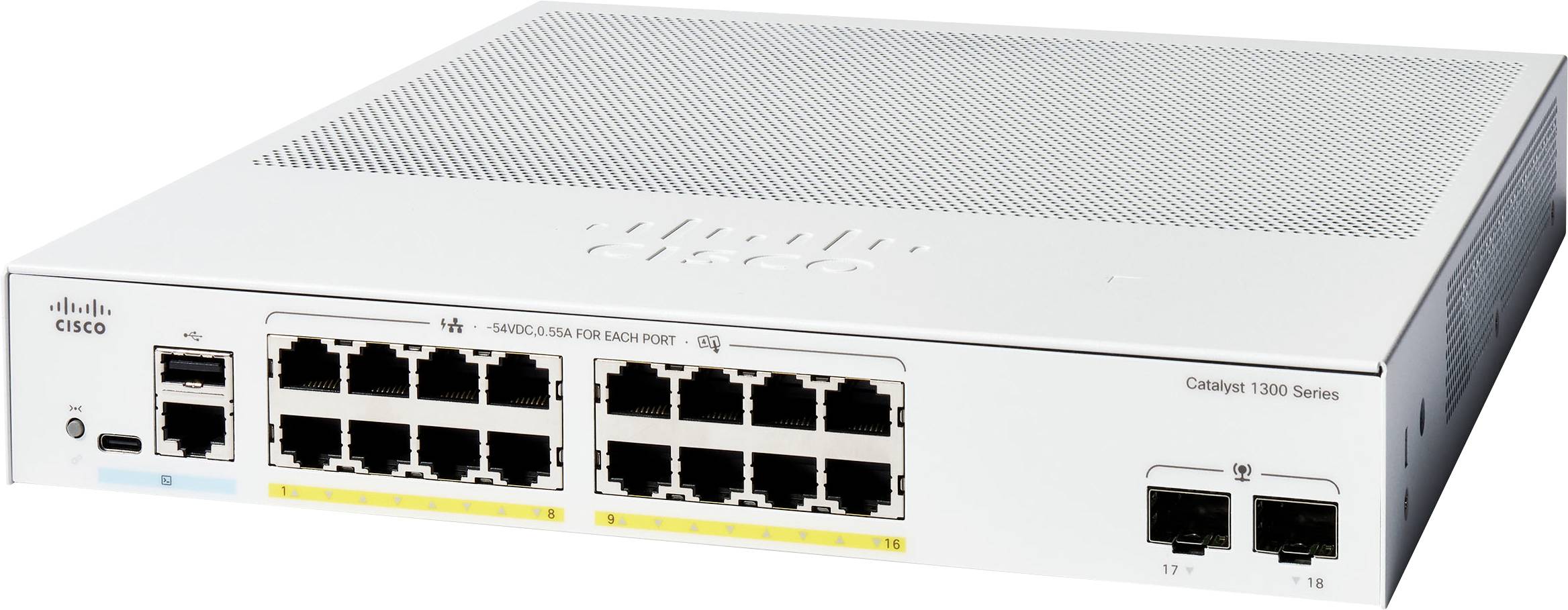 Un switch di rete Cisco con più porte Ethernet, facente parte della serie Catalyst 1300, progettato per la connettività dei dati e la gestione della rete.