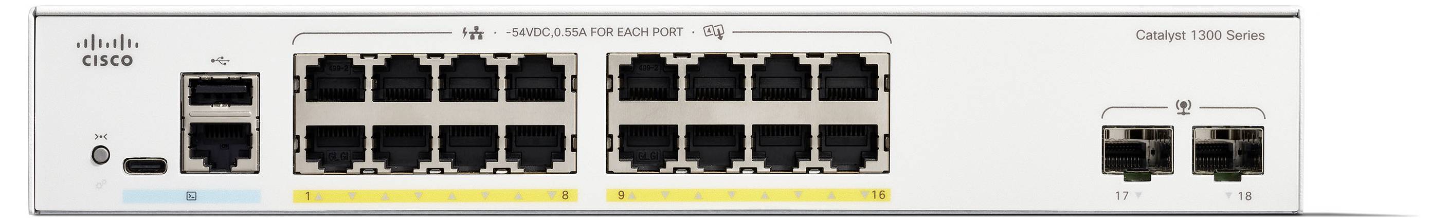 Uno switch di rete con molteplici porte Ethernet e alcune porte in fibra ottica, utilizzato per collegare e gestire i dispositivi di rete.