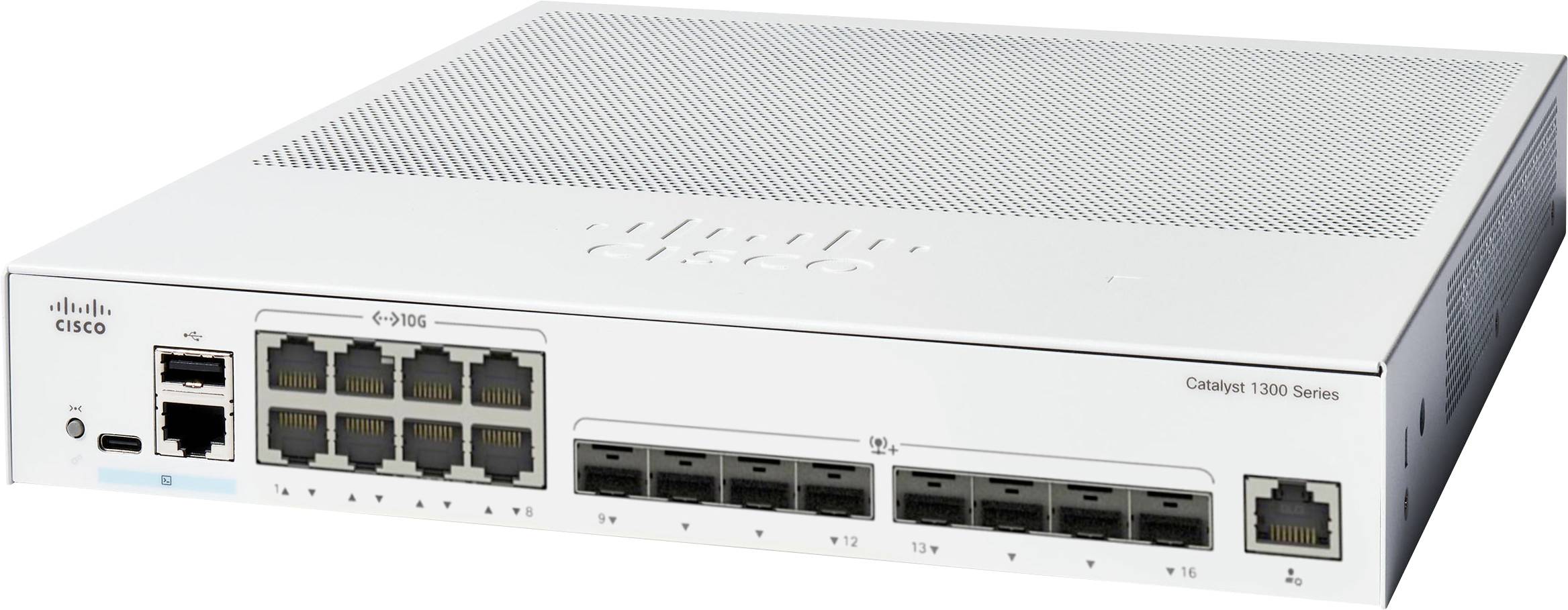 Un switch di rete bianco con più porte Ethernet e SFP etichettato 'Cisco' e 'Catalyst 9200'.