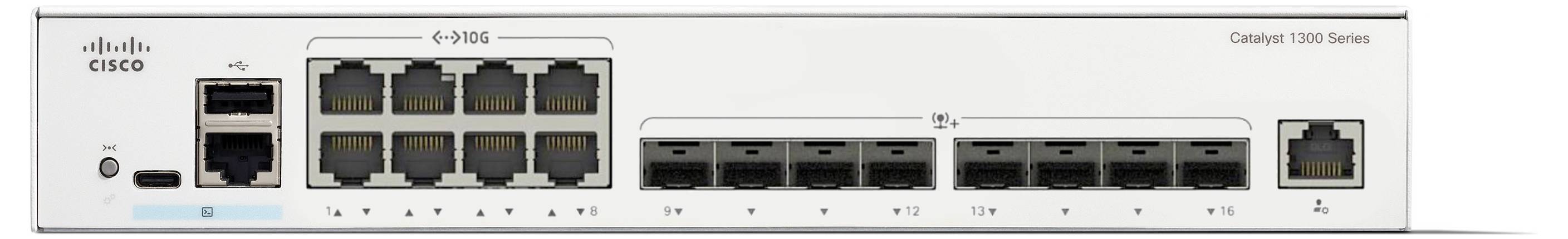 Switch della serie Cisco Catalyst 1000 con più porte, incluse 8 porte Ethernet e 8 slot SFP, per la connettività di rete.
