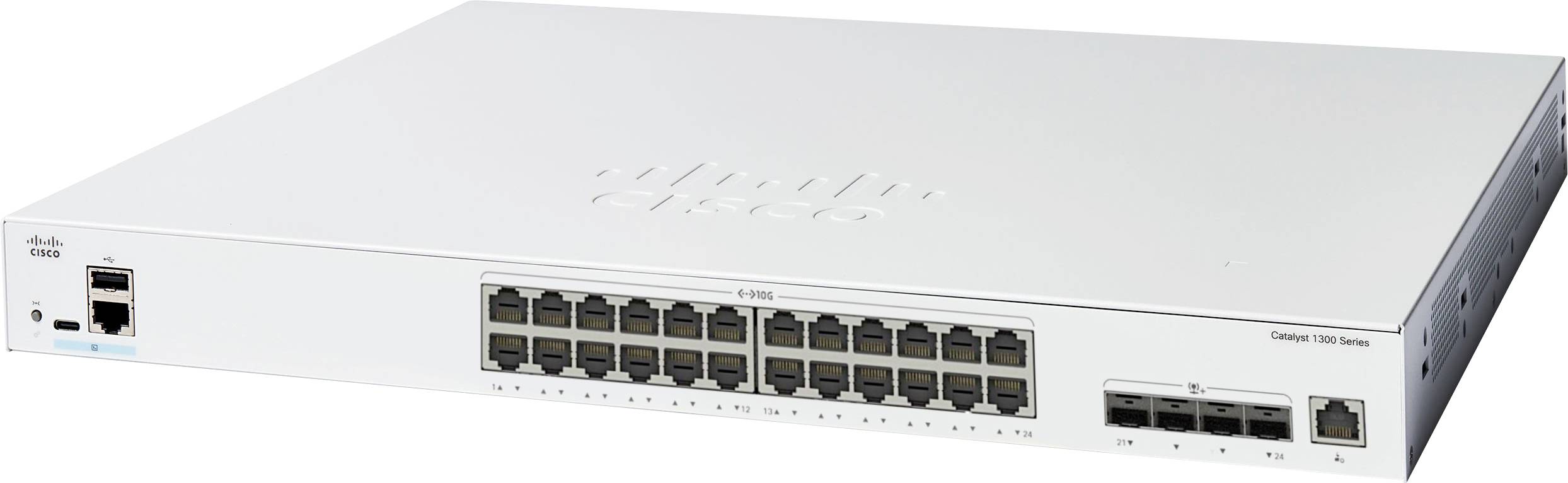 Un switch di rete Cisco bianco con 24 porte Ethernet e 4 slot aggiuntivi sul pannello anteriore per l'espansione della connettività.
