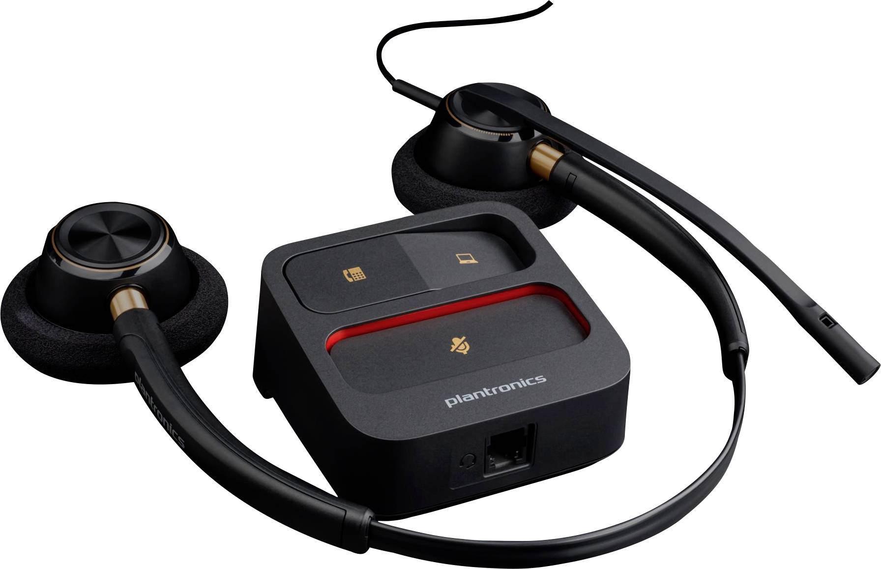 Auricolare con base nera etichettata 'Plantronics', che mostra icone di cuffie e telefono, progettato per dispositivi di comunicazione.