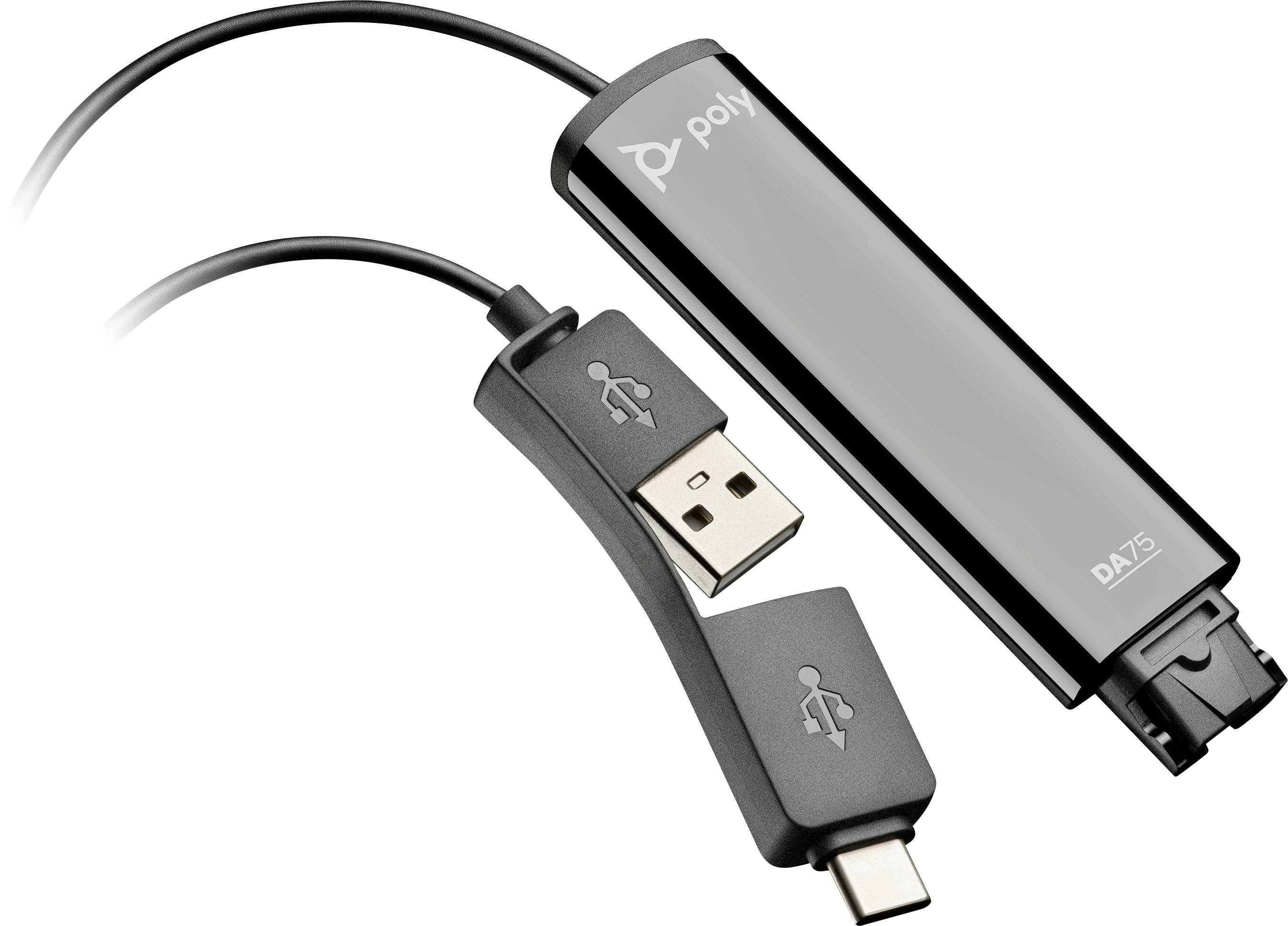 Cavo adattatore USB e USB-C con marchio "Poly" accompagnato da un piccolo dispositivo cilindrico, probabilmente un adattatore cordonato digitale migliorato o un processore di segnale.