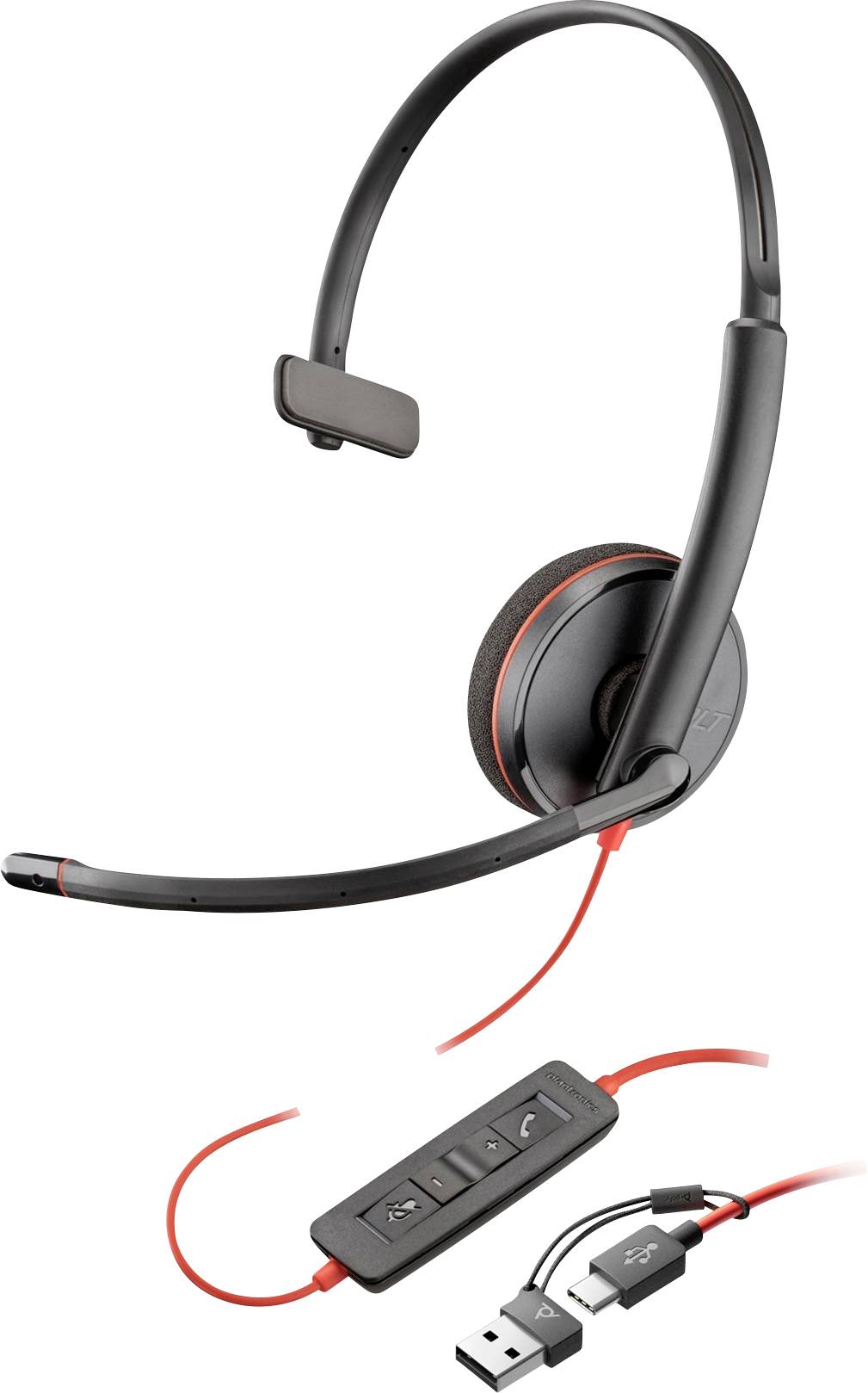 Auricolare monoaurale con microfono, cuscinetto auricolare imbottito e archetto regolabile. Include controllo del volume inline e cavo di connessione USB.
