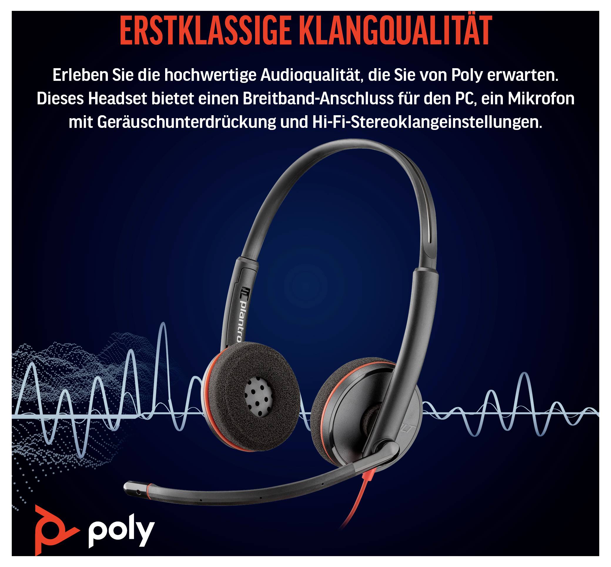 Una cuffia Poly nera e rossa su uno sfondo blu. Il testo in tedesco promuove le sue caratteristiche: 'Qualità audio di prima classe' e dettagli tecnici.