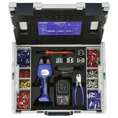 Kit di attrezzi con pinza crimpatrice, cacciavite, pinze, caricabatterie e vari connettori organizzati in una custodia con rivestimento in schiuma.