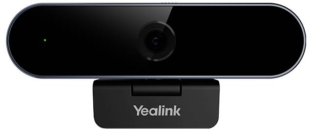 Webcam 'Yealink' dal design elegante e nero con una piccola spia luminosa verde sul lato sinistro.