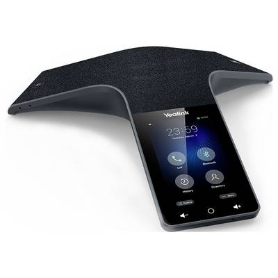 'Telefono conferenze Yealink con touchscreen che mostra le opzioni: Chiamata, Bluetooth, Cronologia, Rubrica. Dispositivo progettato per riunioni audio.'