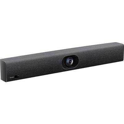 Una elegante soundbar rettangolare nera con un obiettivo fotocamera centrale, adatta a configurazioni di videoconferenza.