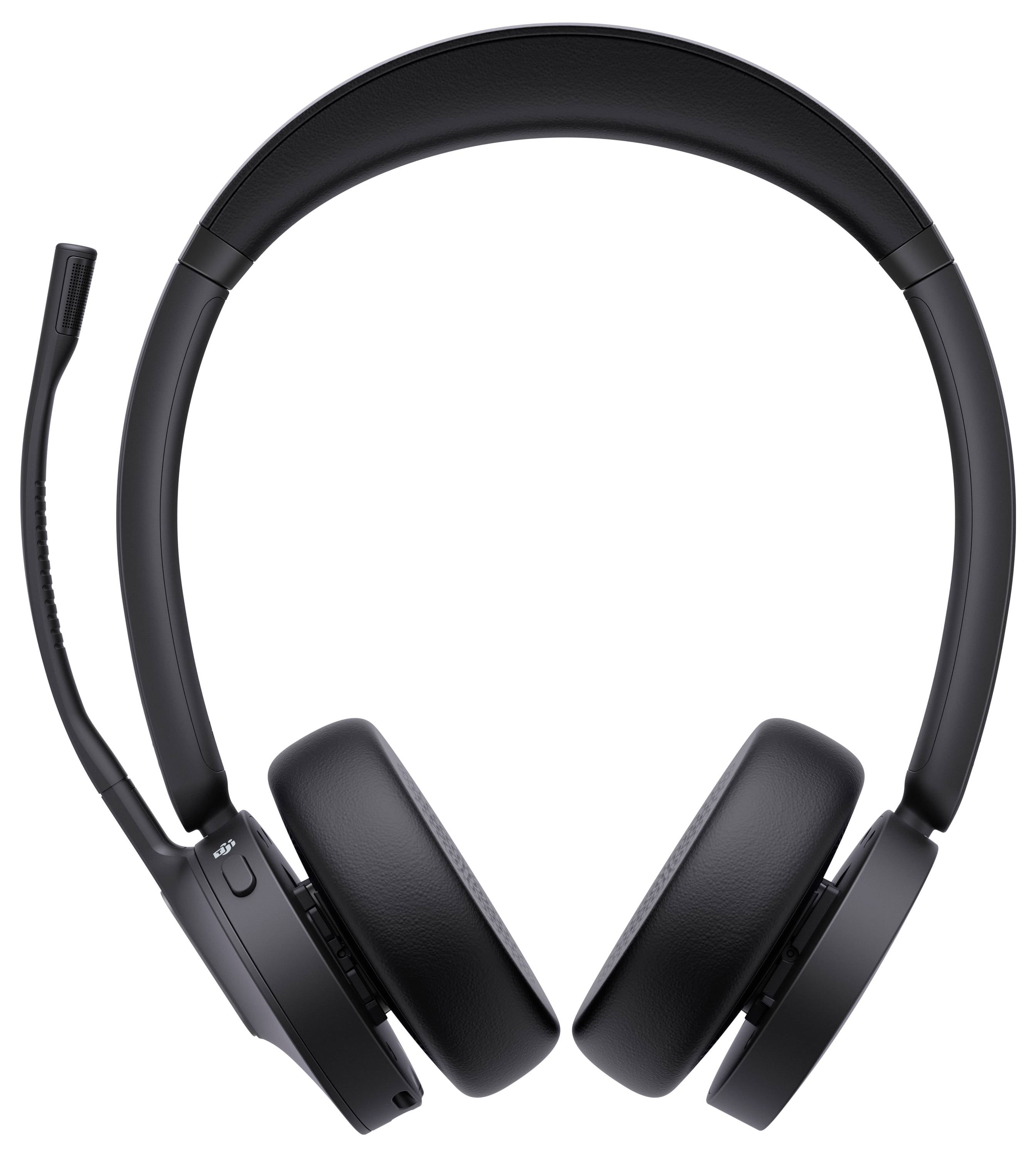 Cuffie wireless over-ear nere con microfono integrato sul lato sinistro, progettate per una comunicazione audio cristallina.