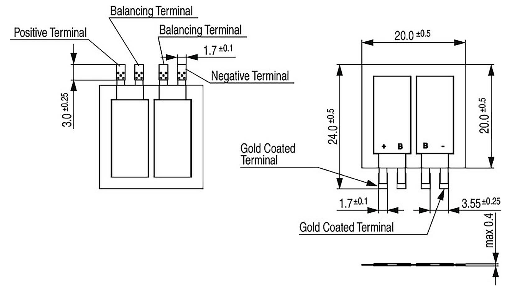 'Diagramma di una batteria con terminali positivo, negativo e di bilanciamento. Dimensioni: larghezza totale 31,5 mm, altezza 17 mm, spessore massimo 2,7 mm.'