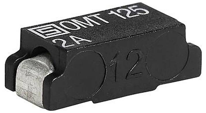 Un componente elettronico nero per montaggio superficiale etichettato 'SMT 125 2A', utilizzato per la protezione dei circuiti, con contatti metallici visibili.