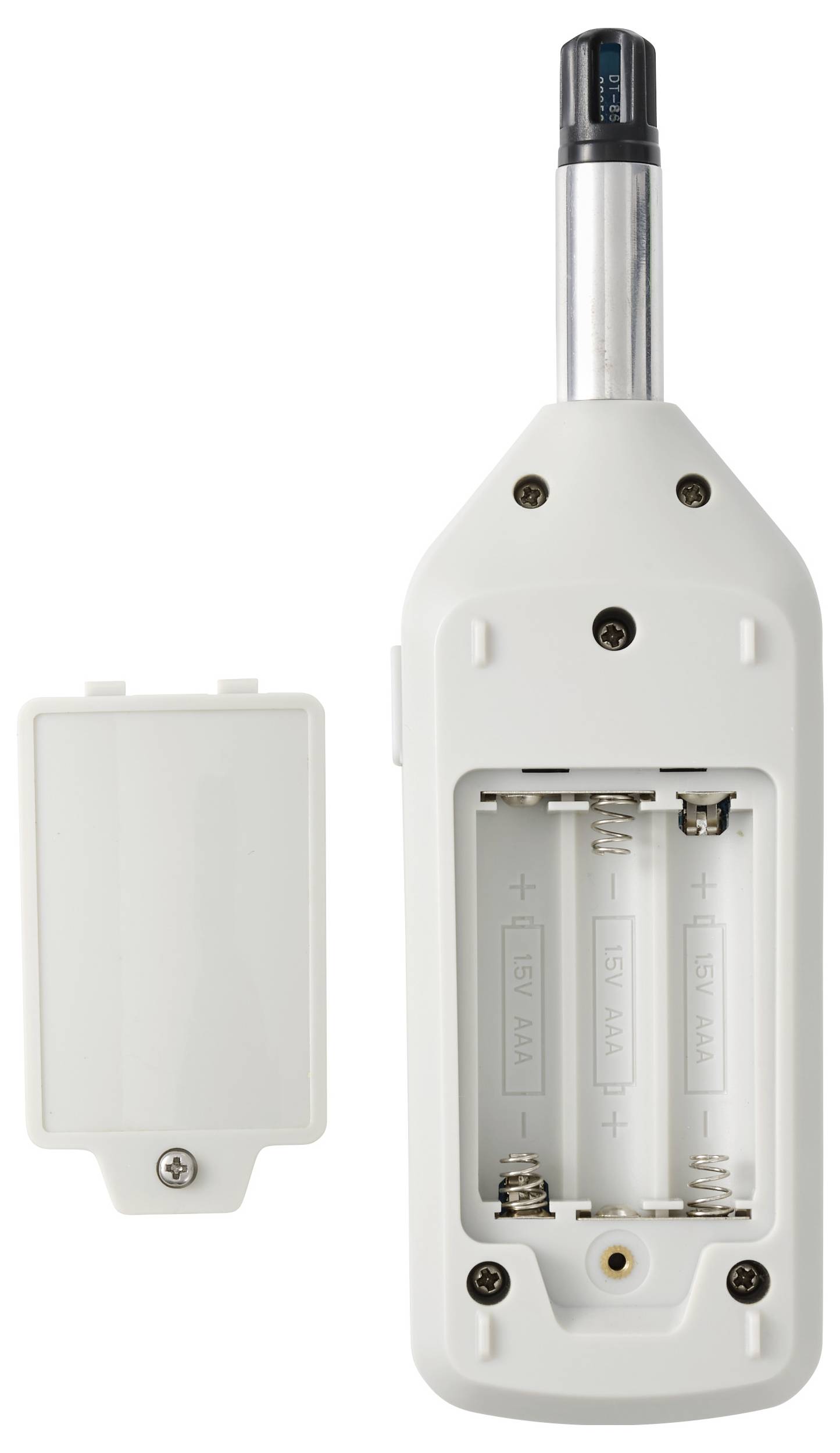 Dispositivo elettronico portatile bianco con vano batterie aperto, che mostra tre batterie AA, insieme al suo coperchio rimovibile.