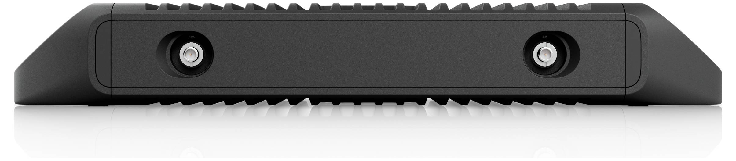 Un dispositivo elettronico nero con due componenti simili a lenti sulla parte anteriore, probabilmente un sensore o una fotocamera, posizionato su uno sfondo bianco.