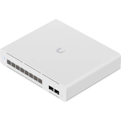 Un commutatore di rete bianco con dieci porte Ethernet e due porte aggiuntive sul davanti, utilizzato per collegare i dispositivi di rete.