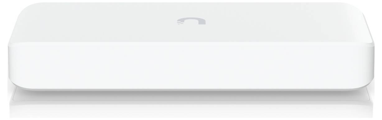 Un dispositivo elettronico bianco rettangolare con un design minimalista e un logo in alto, che assomiglia a un server di rete o multimediale.