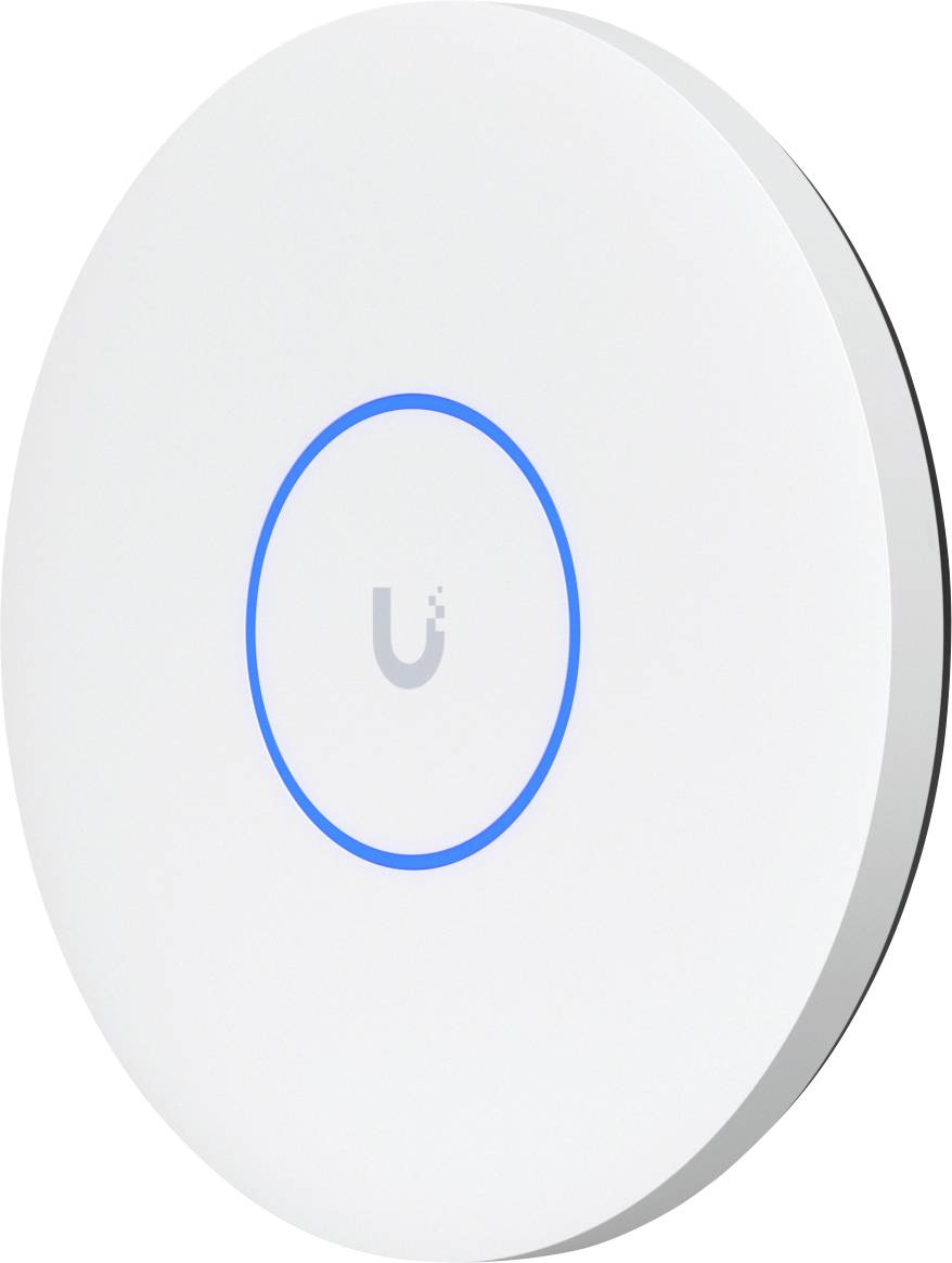 Punto di accesso Wi-Fi bianco e rotondo con un anello LED blu sulla parte anteriore.